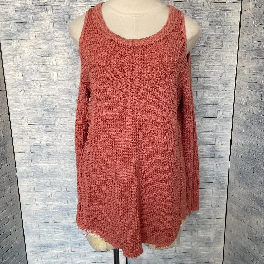 Free‎ People Womens S Coral Waffle Knit Cold Shoulder Sweater Tunic Top
